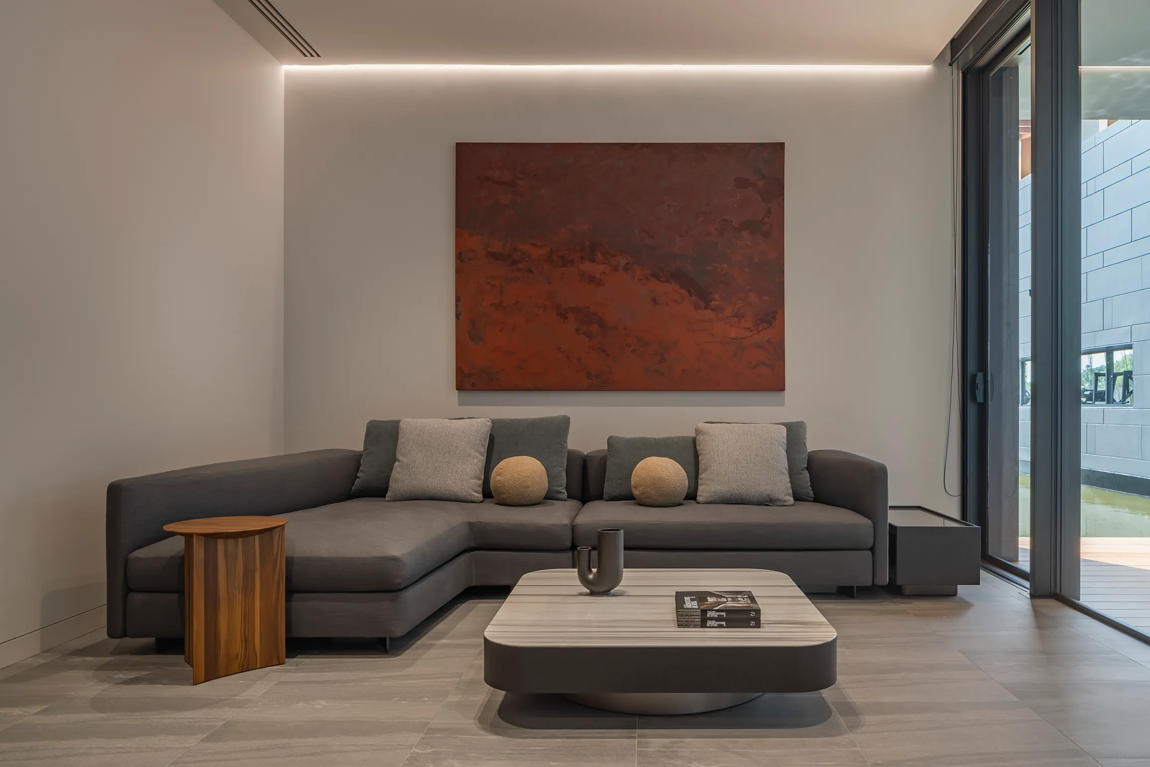 Architectural detail at Water House — contemporary lounge corner.