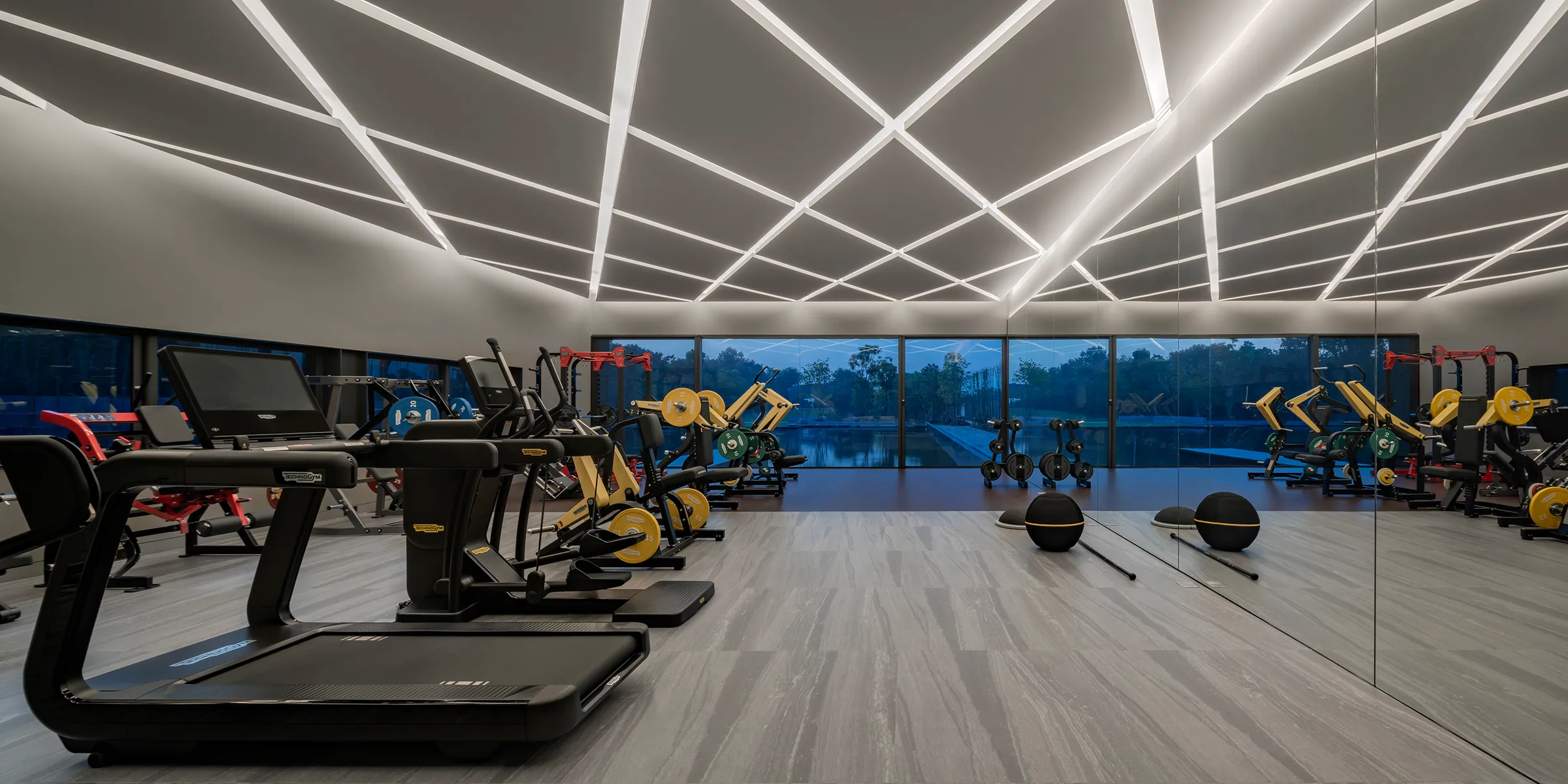 Gym at Water House — floor-to-ceiling glass, equipment lineup, blue dawn light.